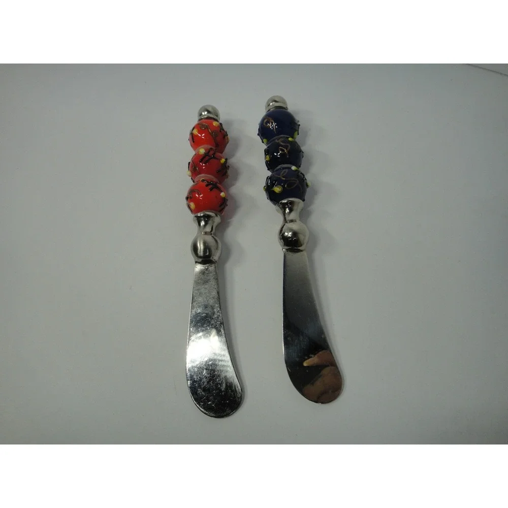 Set of 2 Handcrafted Lampwork Glass Bead Butter Spreaders Made in India Blue Red